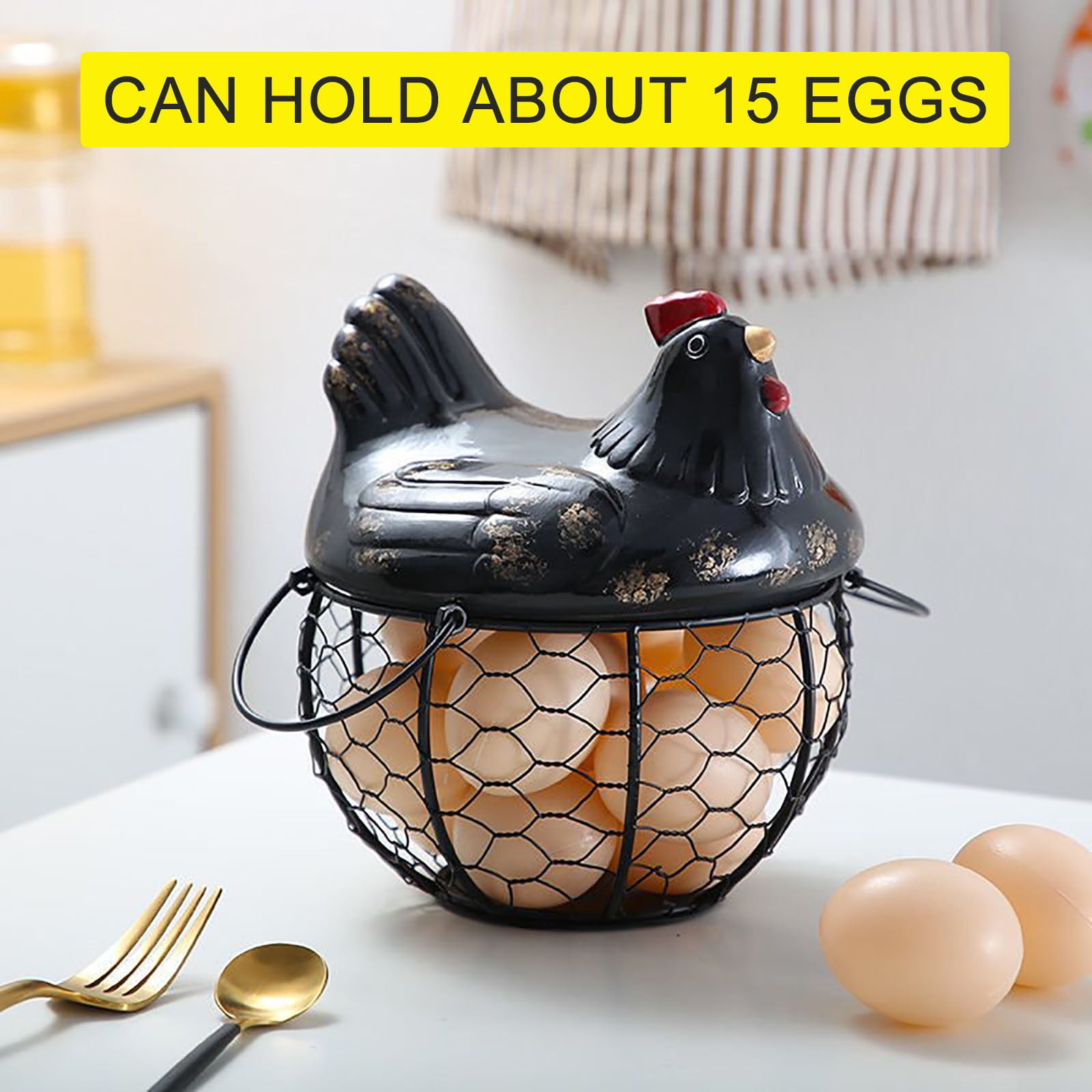 Chicken Egg Basket, Black Wire Egg Collection Baskets With Ceramic Lid for Gathering Fresh Eggs, Chicken Egg Holder, Decorative Farmhouse Style Cute Egg Storage Container for Kitchen, Countertop
