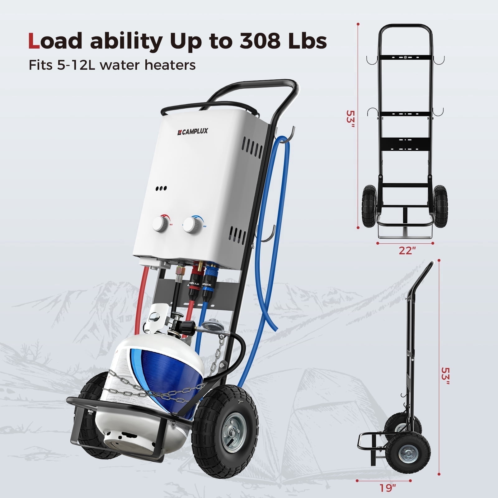 CAMPLUX 300 lb. Capacity 2-Wheel Folding Steel Hand Truck for Portable Water Heater