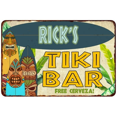Island Tiki Bar Rick's TIKI BAR Island Personalized Sign Metal Wall Decor 8 x 12 High Gloss Metal 208120058402 ()