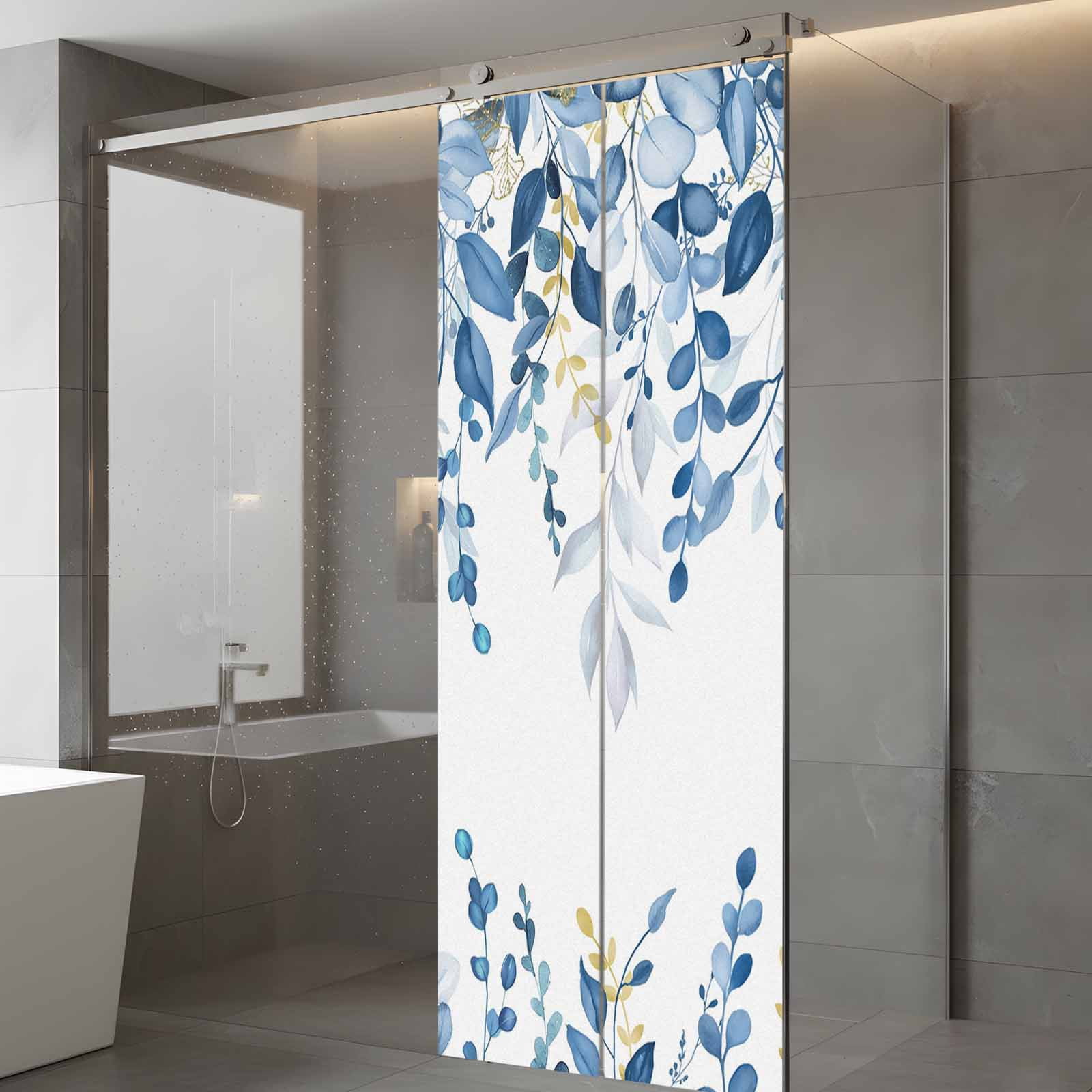 Reusable Frosted Window Coverings, Blue Eucalyptus Leaves Window Privacy Film Frosted, Farmhouse Botanical Watercolor Sun Blocking Windows Stickers for Kitchen Front Door, 23.6 x 59 Inches