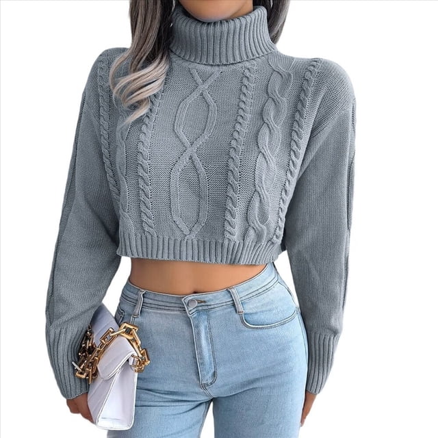 Suéter Corto de Cuello Alto para Mujer, Suéter de Punto, Jersey de Larga con Cuello Redondo, Tops. Gris M