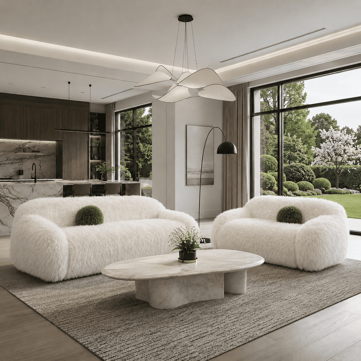 Aenkyo 67 Inch Plush Faux Fur Loveseat Sofa, 25 Inch Deep Seat 2-Seater Couch with Ball Pillow, White