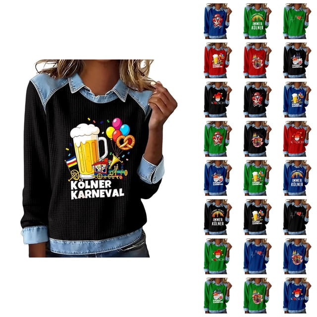 Mardi Gras Chemises à Manches Longues pour Femmes 2026 Mode Denim Patchwork Col à Revers Chandail en Molleton Graphique
