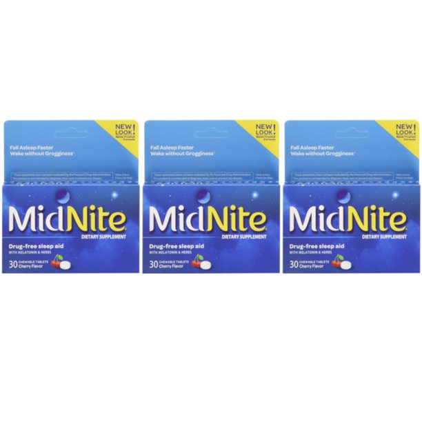 3 Pack Midnite Sleep Aid 30 Chewable Tablets Ea = 90 Tablets