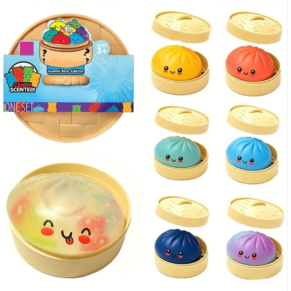 Dumpling Mystery Squishy with Box, Random 1 of 7 Colors, Mystery Bear Dumpling Edition, Squeeze Sensory for Holiday Birthday Party Favor Gifts