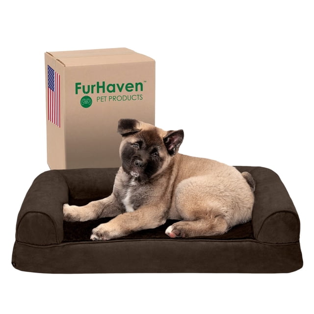 Cama para perros Furhaven de espuma viscoelástica para perros medianos y pequeños con refuerzos extraíbles y funda lavable, para perros de hasta 35 libras - Sofá de felpa y gamuza - Espresso, mediano