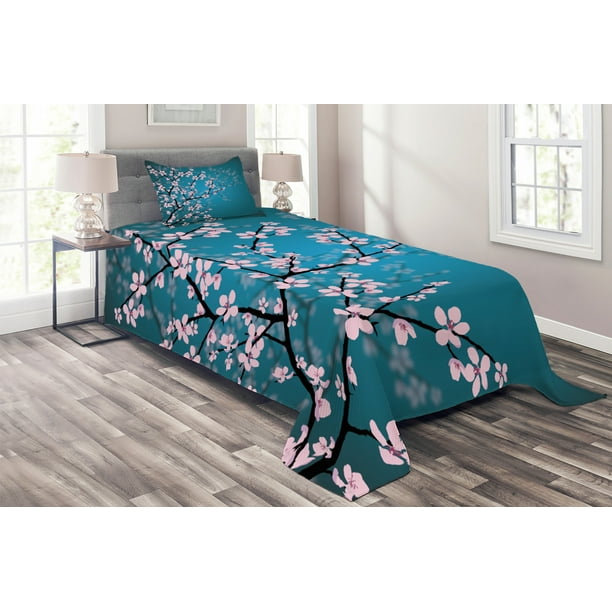Teal Coverlet Set Twin Size, Pink Blossoms Art Leaves and Plants Ombre