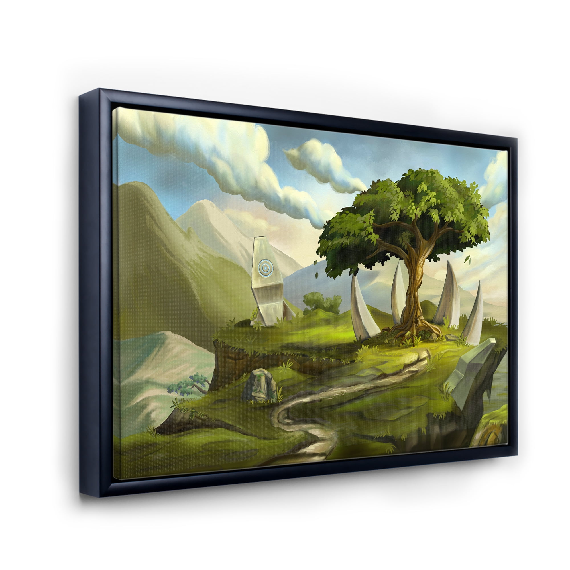 Sacred Tree In A Fantasy Green Landscape 32 in x 24 in Framed Painting Canvas Art Print, by Designart