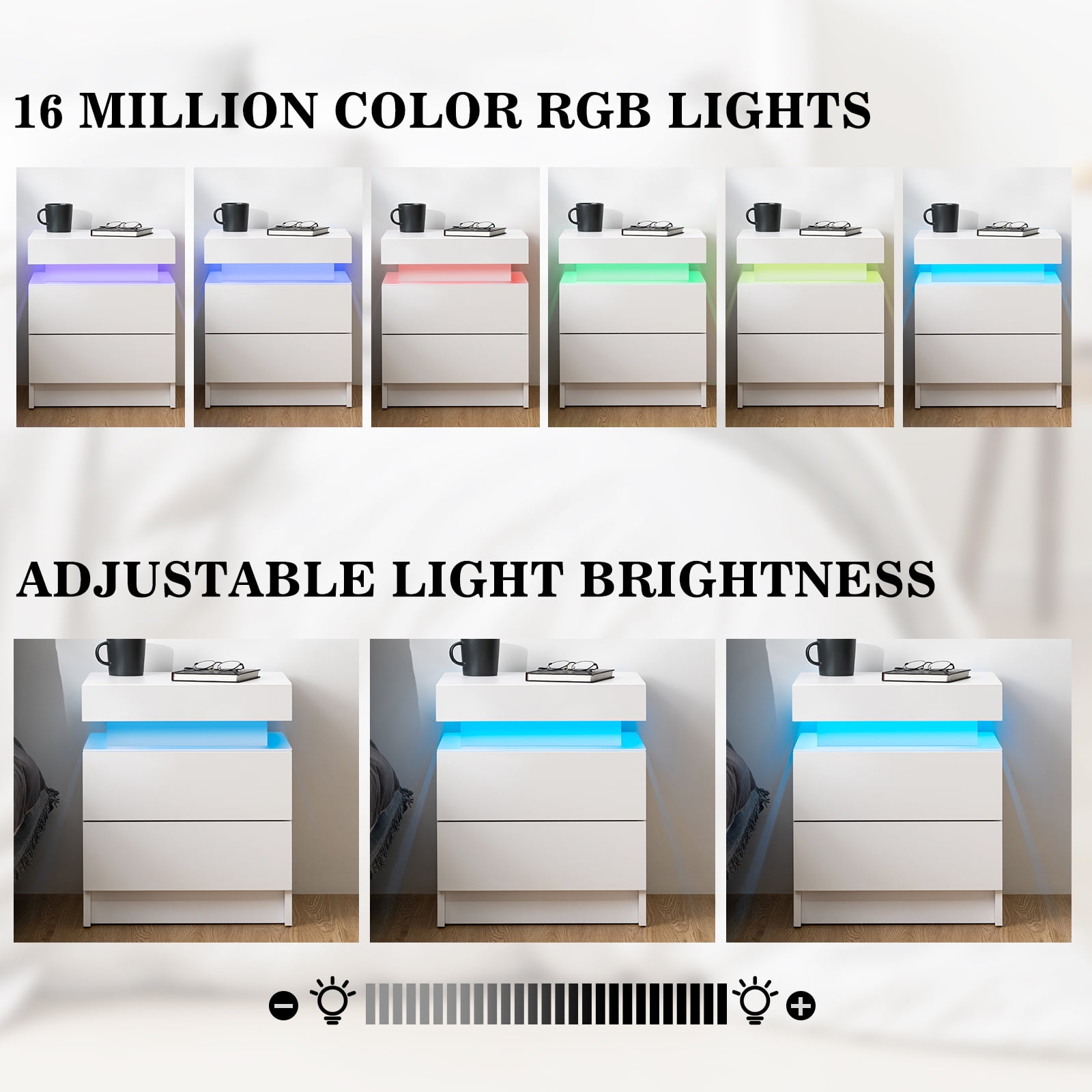 Hommpa 2 Drawer Modern Nightstand with RGB LED Light High Gloss Bedside Tables for Bedroom White