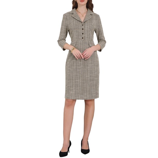 Vestido de tweed con cuello de solapa y botones para mujer de manga 3/4 Inspire Chic 2XL 2