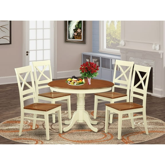 5 Pc set with a Round Table and 4 Leather Kitchen Chairs in Buttermilk and Cherry .