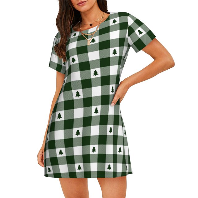 Disketp Green White Christmas Tree Lumberjack Plaid para Camisón Corto de Manga Corta para Mujeres, Camisón Cómodo con Escote Redondo, Bonito y Confortable