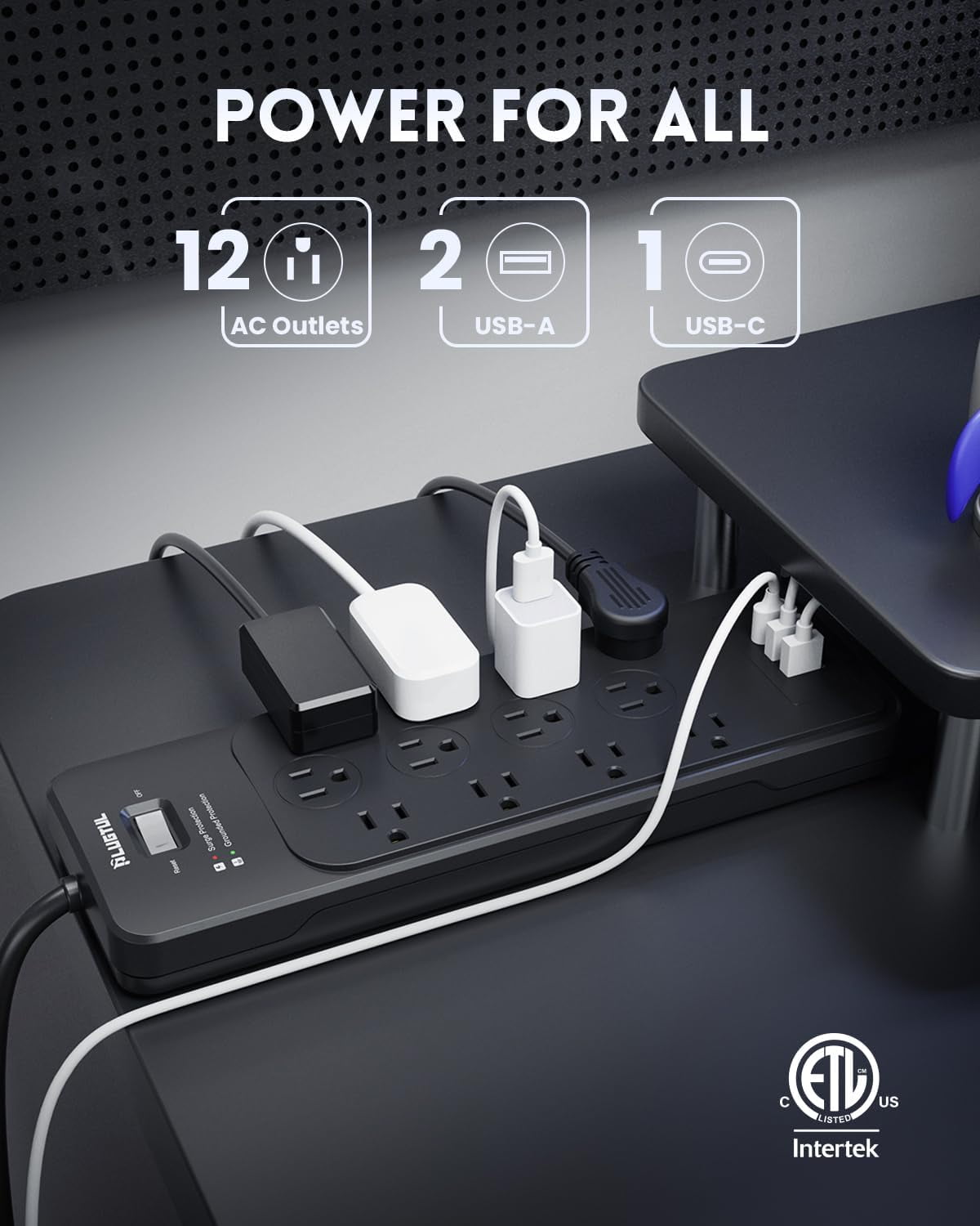 Surge Protector Power Strip 5FT(4080J) Black with 12 Outlets - Spacious Design for Large Plugs Flat Plug 20W USB C Charging Home Office ETL Listed