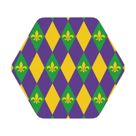 

Coaee Mardi Gras Print Leather Coasters Set of 6 Non-Slip Washable Cup Coasters for Home Office Bar Hexagon