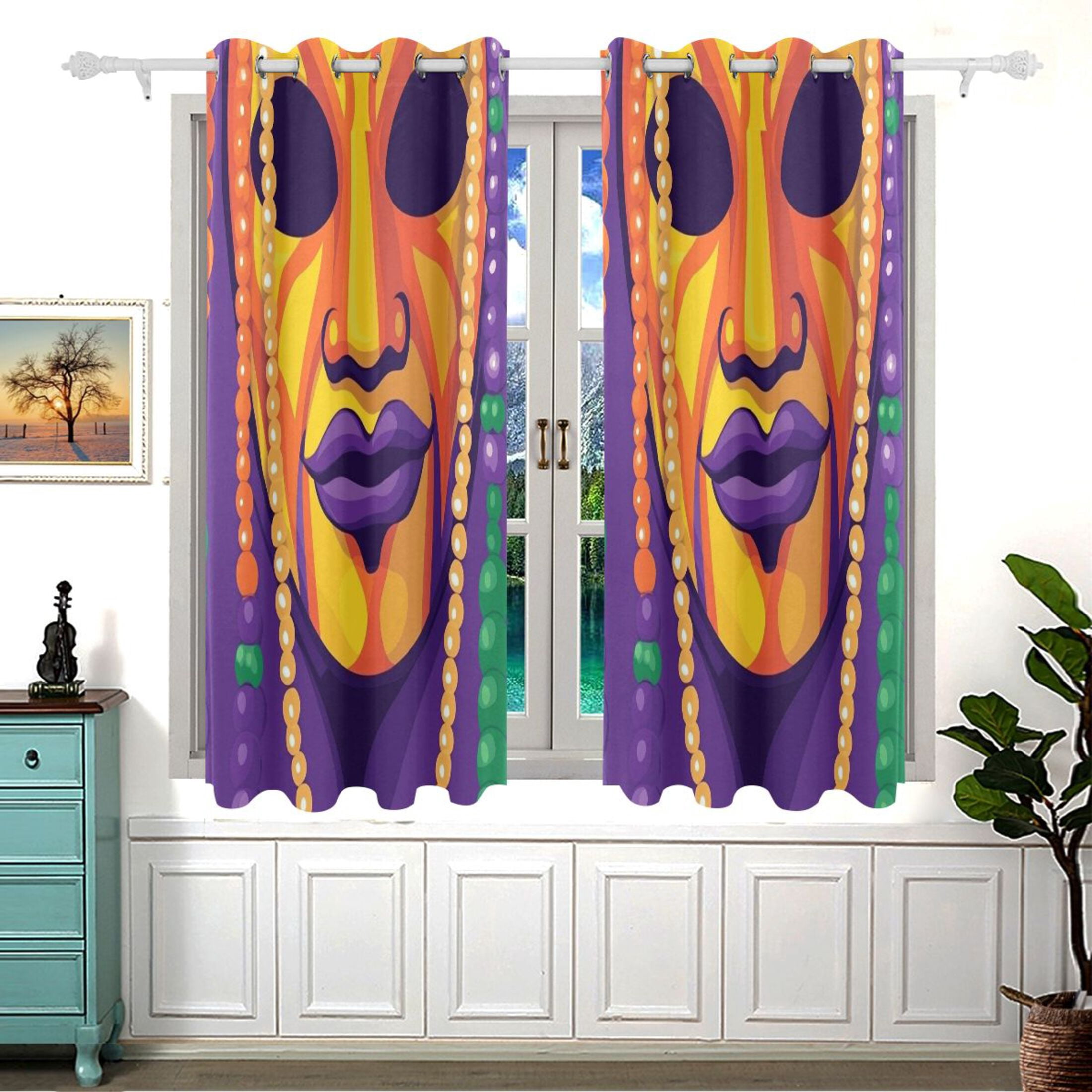 Mardi Gras Mask and Beads Blackout Curtains for Living Room Bedroom 55W x 54L Insulated Window Drapes 2 Panels