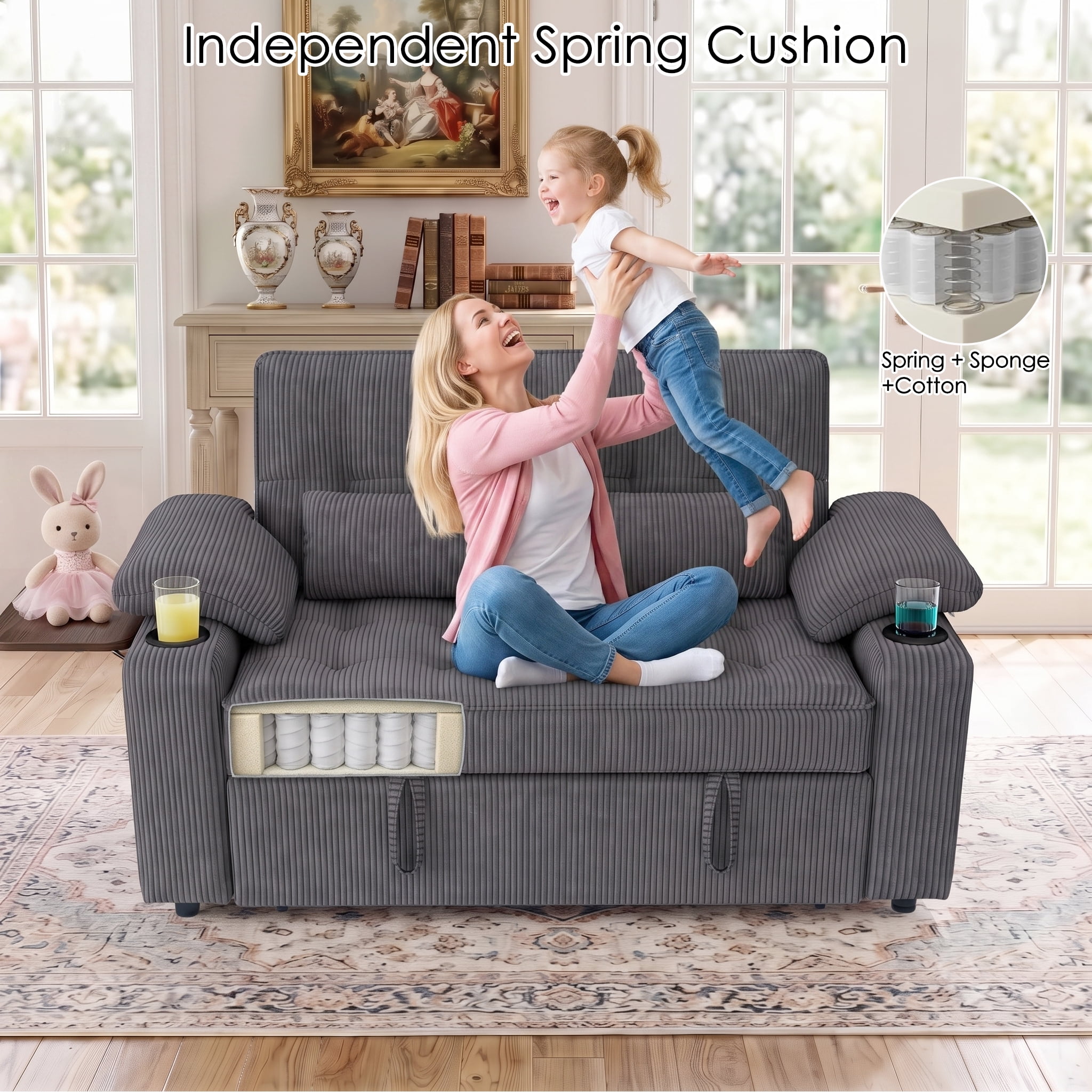 58" Convertible Sleeper Sofa Bed, Full Size Pull Out Couch with USB Charging, Cup Holders, Side Table, Adjustable Backrest, Corduroy Loveseat for Living Room, Apartment, Office (Gray)