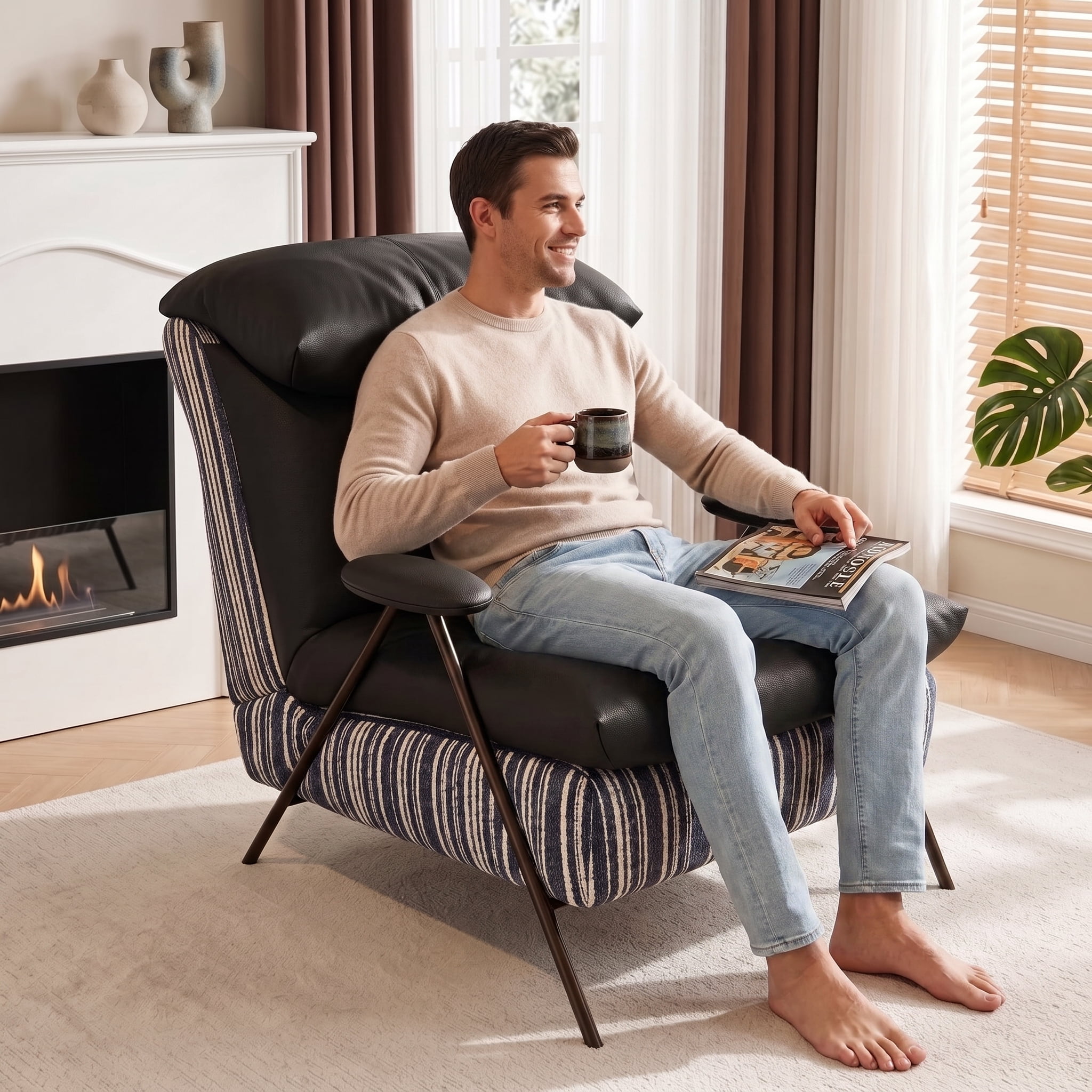 Aukfa PU Accent Chair, Modern Upholstered Armchair with Thick Padded Seat and Back for Living Room & Bedroom, Black