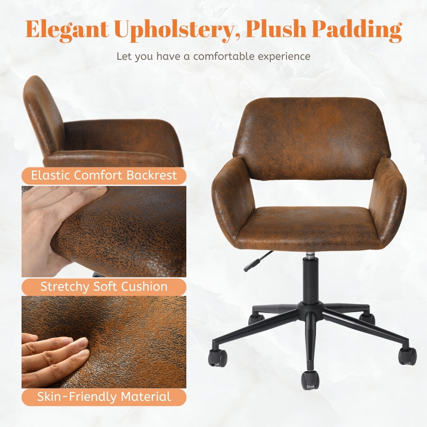 Homy Casa 1-Piece Ergonomic Office Chair, Adjustable Faux Suede Desk Chair with Padded Arms for Home Office