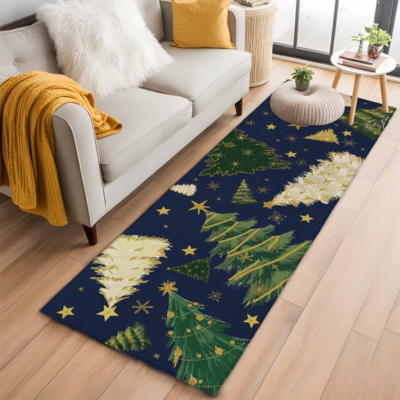 Christmas Tree Kitchen Runner Rug 2x6 Washable Runners for Hallway Non Slip Navy Blue Green Xmas Tree Winter Large Area Rug Indoor Floor Carpet for Bathroom Laundry Entryway Bedroom Living Room