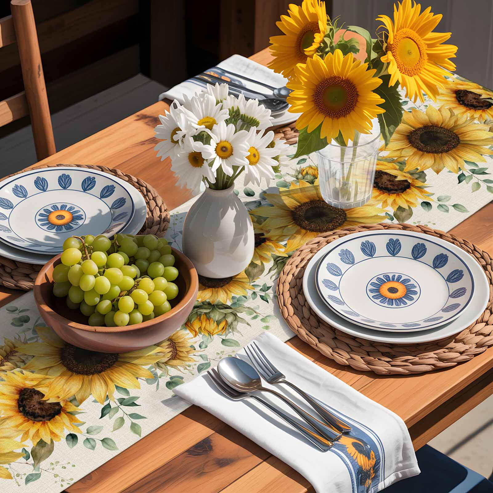 Farm Sunflower Eucalyptus Leaves Table Runner 90 Inches Long, Rustic Plants Retro Linen Table Runners Tabletop Scarf Kitchen Dining Tables Decoration for Home Party Indoor Outdoor