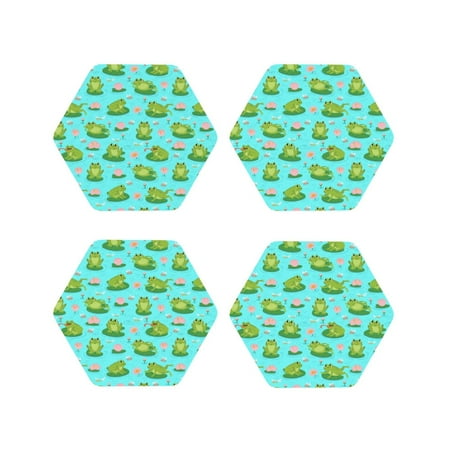 

KLL Drink Coasters Set Hexagon of 4 PU Leather Absorbent Coasters Set Decorative Coffee Cup Coasters Housewarming Gift for Home Decor-Frogs And Aquatic Plants