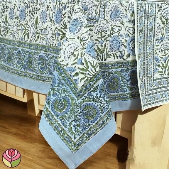 Printofab Sky Blue, Green & White Floral Indian Hand Block Printed Table Cover And Linen Set,Wedding Decor, Tablecloth Thanksgiving best Gift for Mom