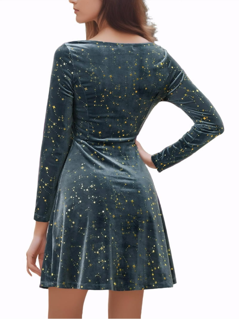 star print cocktail dress Inspire Chic Women's Party Dresses Stars Print Square Neck Vintage Prom Mini Velvet Dress L Gray, Size: Large