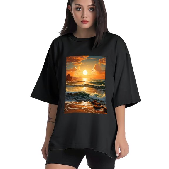 Plus Size Shirt for Women Black Tops for Women Short Sleeves Shirt for Women Seaside (9) T Shirt Crewneck Shirt for Women XS