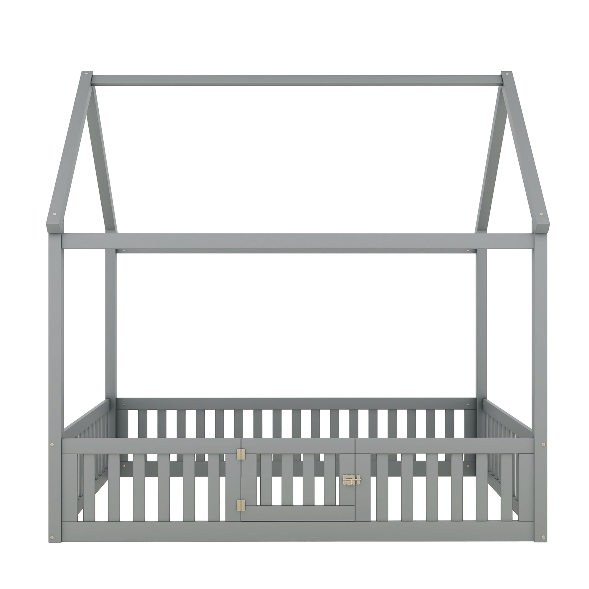 Euroco Full Size Low House Bed with Fence and Door for Kids, Gray