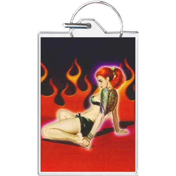 Tattoo Girl With Flames Keychain