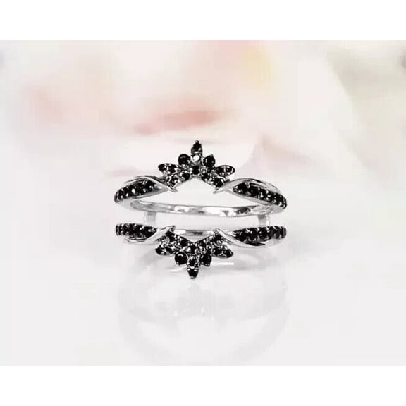 TAAPSEE JEWELS 14K White Gold Finish Women's Enhancer Wedding Wrap Ring in Round Cut Black Cubic Zirconia