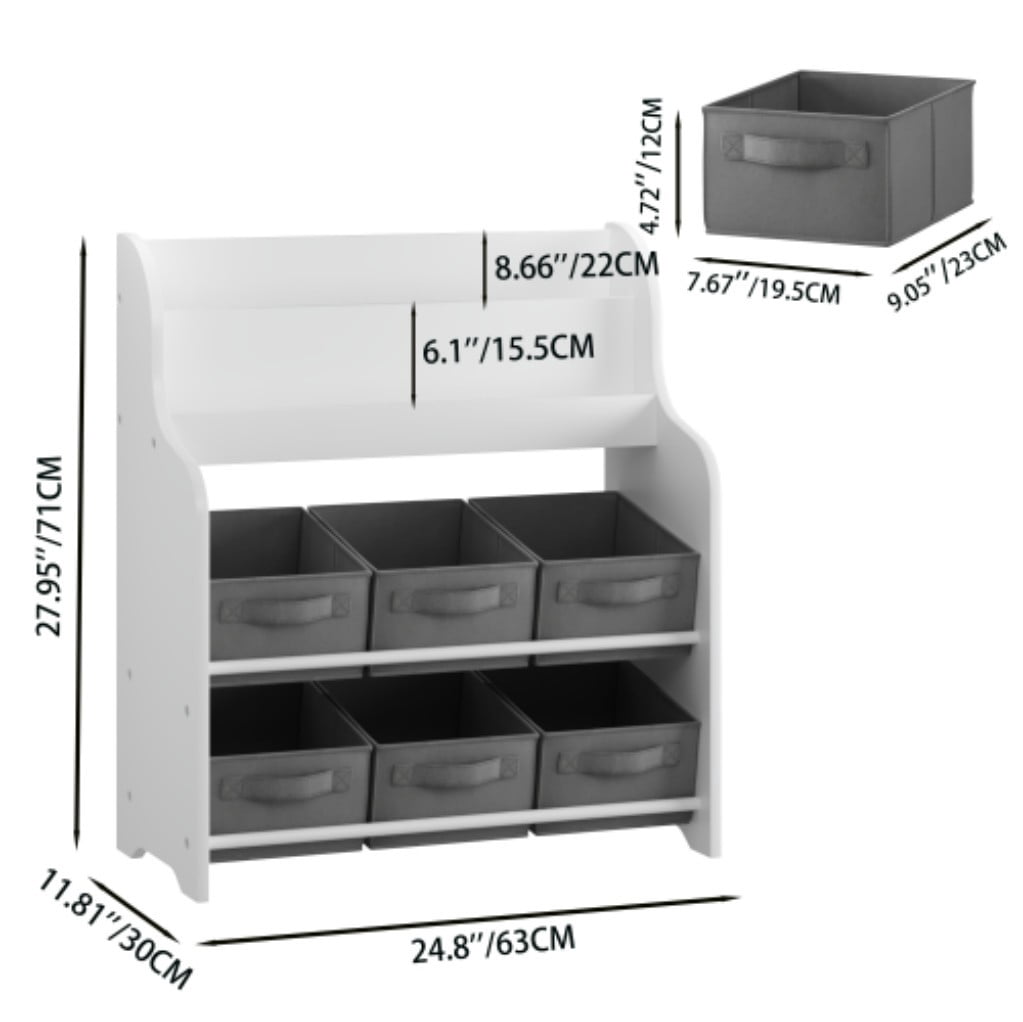 Kids Bookshelf with 6 Fabric Storage Bins, 3-Tier Front-Facing Bookcase & Toy Organizer, Children's Book Display Shelf for Playroom, Nursery & Bedroom