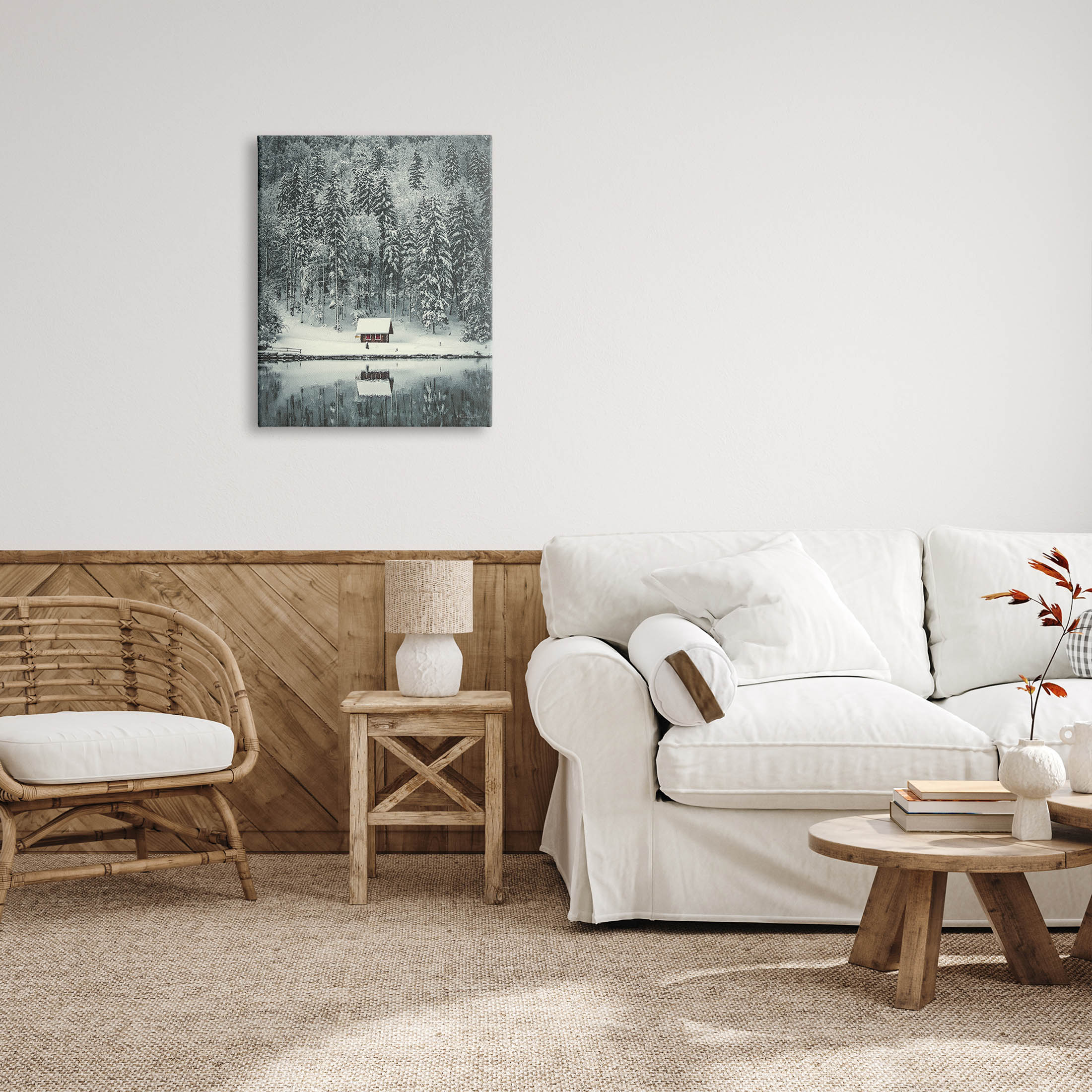 Snowy Woodland Hut Reflection Landscape Painting Gallery Wrapped Canvas Print Wall Art