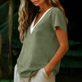 thumbnail image 5 of Cotton Linen Shirts for Women Summer Lace Trim V-Neck Tunic Tops Loose Fit Short Sleeve Tops Casual,Army Green,M, 5 of 8