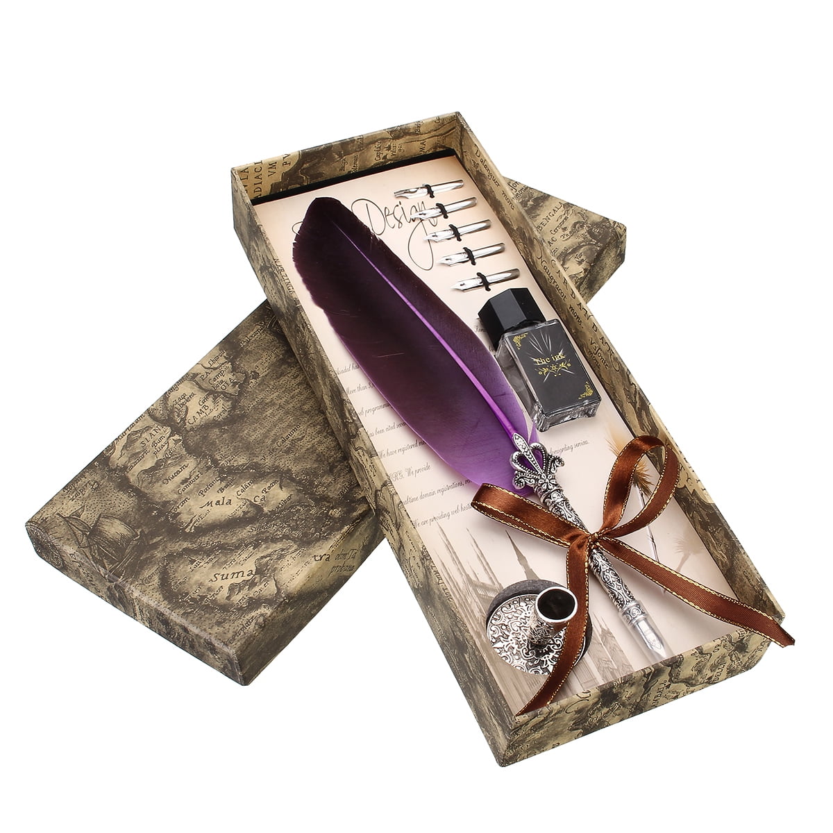 Vintage Feather Quill Dip Pen Set with 5Pcs Stainless Steel Nibs