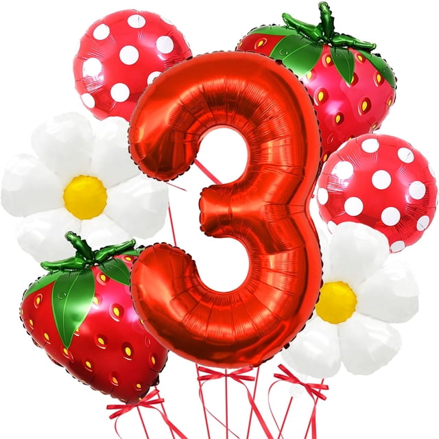 Set de globos con forma de fresa Corabsar para niña de tercer cumpleaños