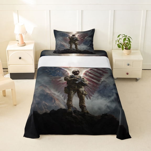 Manfei Vintage American Flag Wings Twin Sheets,Patriotic Soldier Bedding,Navy,3 Pieces,1 Fitted Sheet and 1 Pillowcase