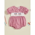 thumbnail image 4 of BemeyourBBs Newborn Baby Girl 4th of July Outfit Patriot Independent Day Clothes Smocked Bubble Romper Gingham Plaid Short Puff Sleeve Ruffled USA Flag Embroidery Bodysuit Jumpsuit, 4 of 9