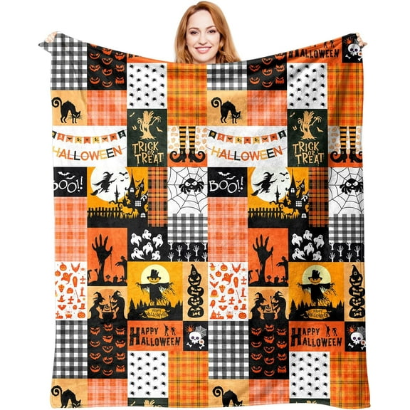 Kuscheln Halloween Blanket Happy Halloween 50" X 60" Soft Throw Blanket - Halloweens Themed Gift with Trick or Treat Pumkin Ghost Witch Black Cat Spider Bat Skull