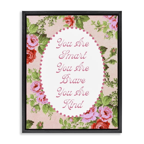 Stupell Industries Cottage Smart Brave & Kind with Vintage Florals Black Floating Frame Canvas Art, 17 x 21, by Lil' Rue