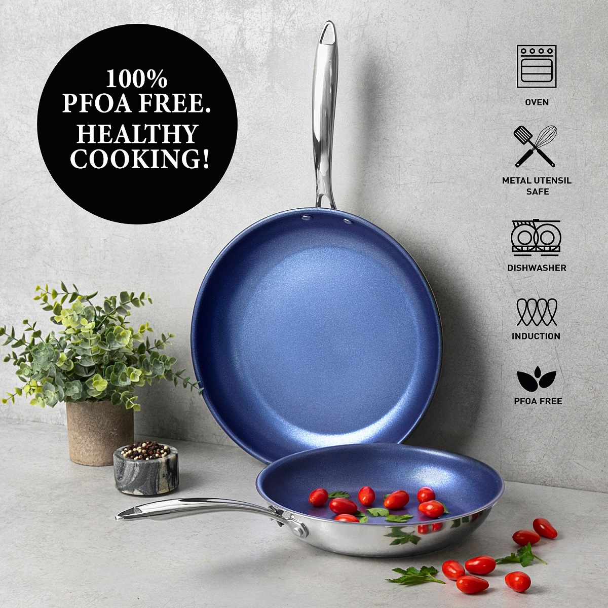 Granitestone Pro Stainless-Steel Pots & Pans Set Nonstick, Tri-Ply Base, 10 Piece Blue Nonstick Cookware Set includes Frying Pans, Stock Pots & Skillets, Dishwasher and Induction Safe