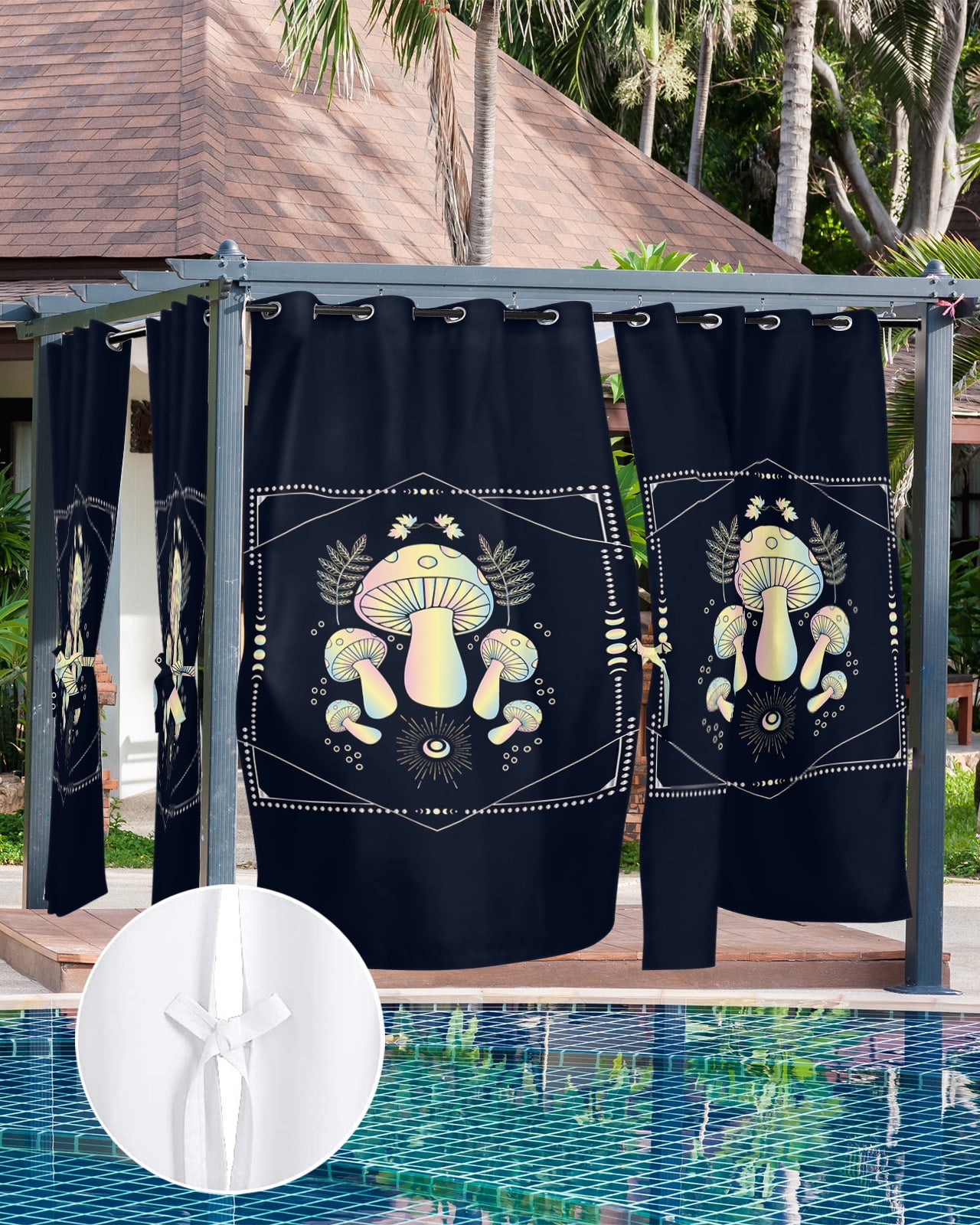Outdoor Curtains for Patio, Cream Ombre Mushroom Waterproof Blackout Outside Curtain for Porch/Pergola/Gazebo, Botanical Black Geometric Thermal Insulated Drapes for Cabana, 1 Panel, 54 x 108 Inch