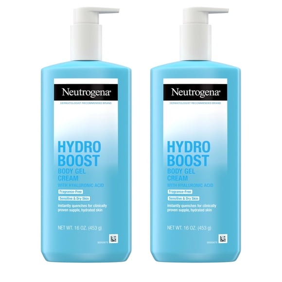 Neutrogena Hydro Boost Body Gel Cream Moisturizer with Hyaluronic Acid, Hydrating Lotion For Sensitive Skin, Fragrance Free, Twin Pack, 2 x 16 oz