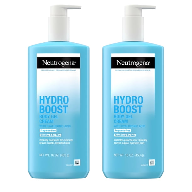 Neutrogena Hydro Boost Body Gel Cream Moisturizer with Hyaluronic Acid, Hydrating Lotion For Sensitive Skin, Fragrance Free, Twin Pack, 2 x 16 oz