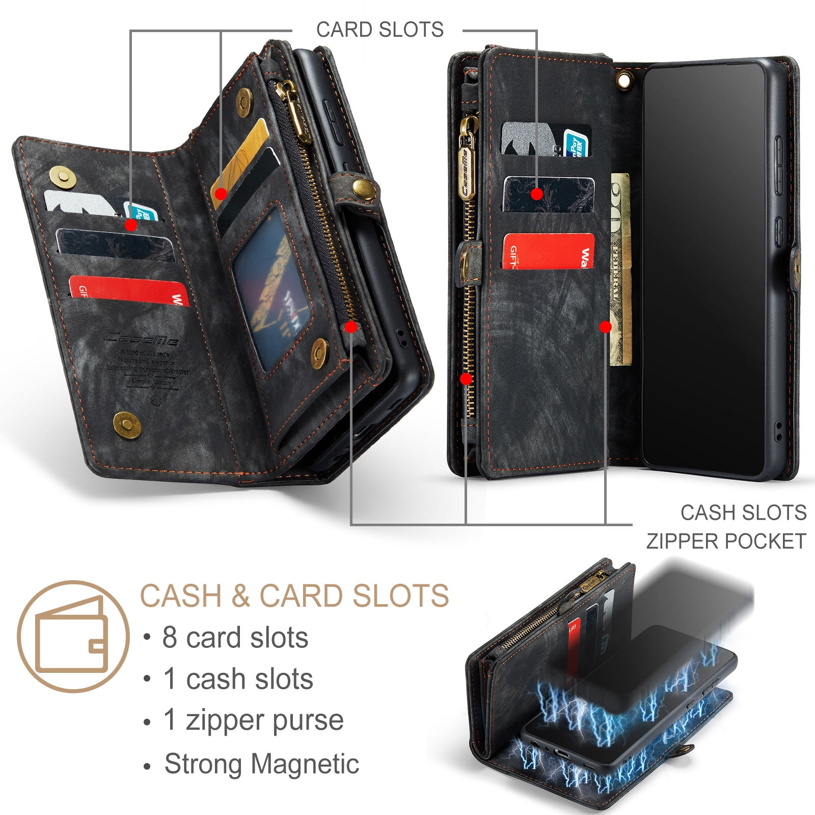 Feishell Durable 2- In-1 Magnetic Detachable Wallet Case for Samsung Galaxy A52 4G/5G,for Women Men,Premium PU Leather Zipper Pocket Flip Multi Card Slots Purse Phone Case with Wrist Strap,Black