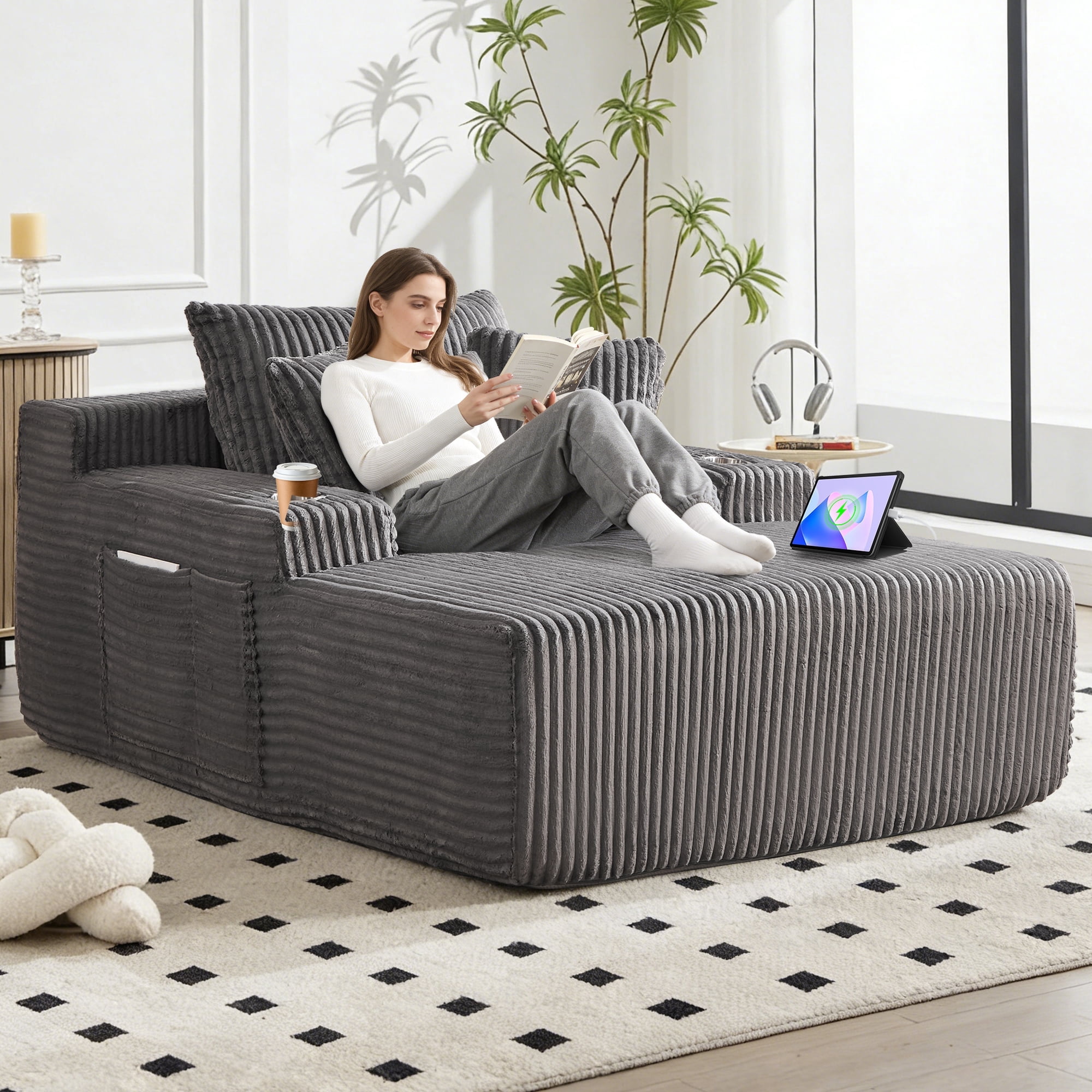 Chaise Lounge Chair Indoor, Oversized Corduroy Upholstered Boneless Sofa with USB & Type C, Deep Seat Sleeper Couch Reading Chairs with Pillows, Pre-assembled Corduroy Sofas Couches Living Room