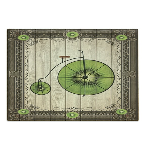Kiwi Cutting Board, Abstract Retro Bike with Fruit Wheels in Antique Frame Illustration, Decorative Tempered Glass Cutting and Serving Board, in 3 Sizes, by Ambesonne