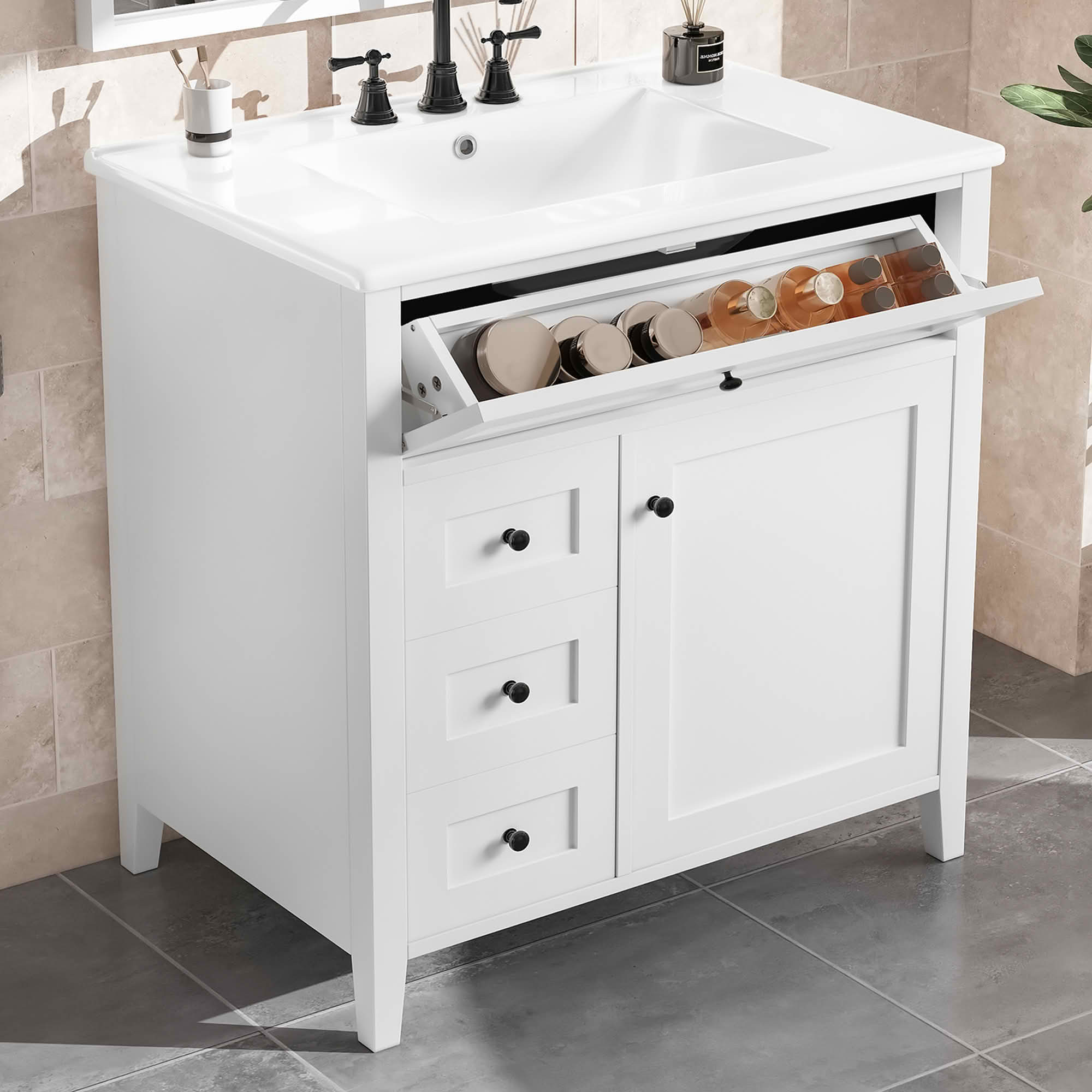 MAYEERTY 36" Bathroom Vanity with Sink Blue Gray MDF Rubberwood 3 Drawers Adjustable Shelf Freestanding