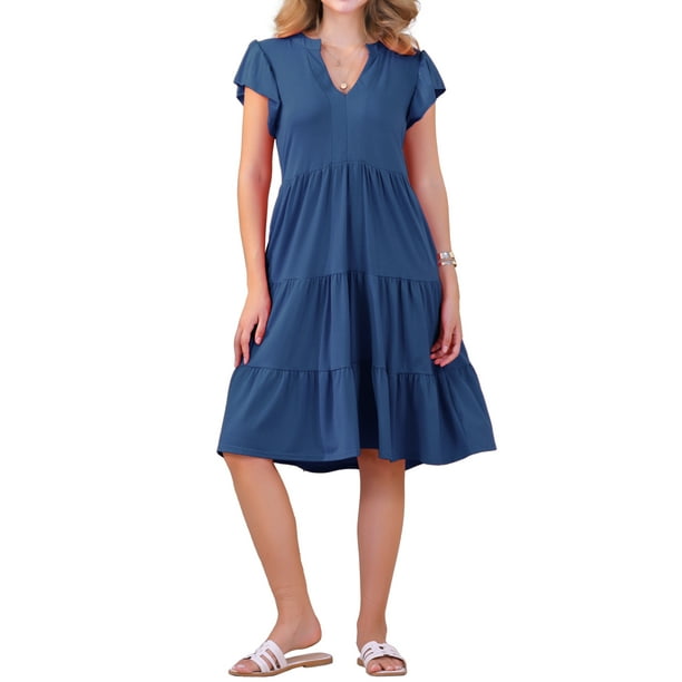 Vestido de verano midi con volantes en las mangas y escote en V para mujer, talla XL, color azul