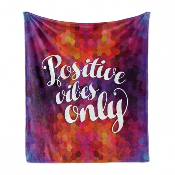 Geometric Soft Flannel Fleece Throw Blanket, Positive Vibes Only Message Honeycomb Hexagonal Pattern with Colorful Design, Cozy Plush for Indoor and Outdoor Use, 50" x 60", Multicolor, by Ambesonne